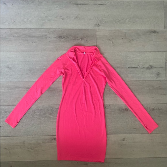 Bodycon Slim Club Outfits Zip Up Jumpsuit Dress Sexy Longsleeve Mini Fuchsia - Picture 7 of 12